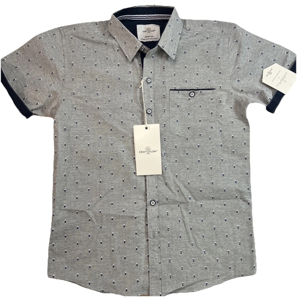 Craft+Flow Big Boy Short Sleeve Button Up Gray & Blue Shirt‎ Size 8S-New